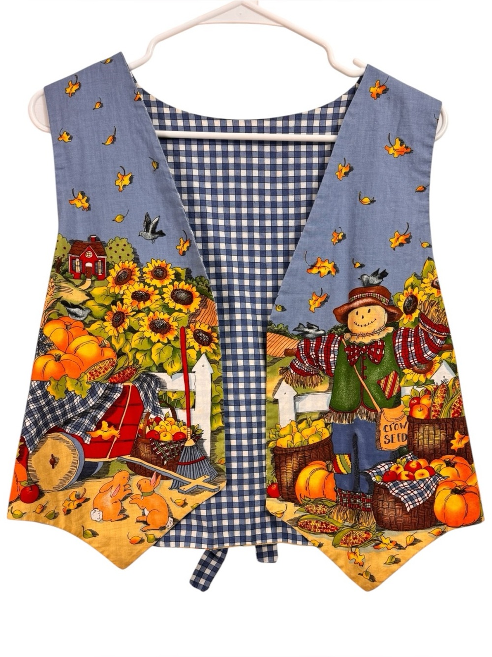 Vintage 90s Handmade Fall Harvest Vest Scarecrow Pumpkin Sunflowers Bunnies S/M